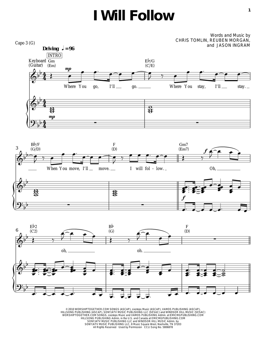 I Will Follow Piano, Vocal, Guitar scores gallery preview page 1