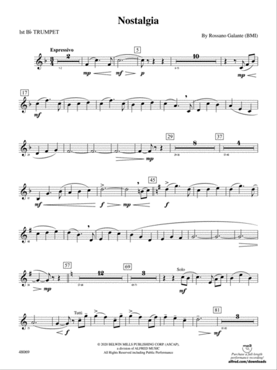 Nostalgia: 1st B-flat Trumpet Full Orchestra scores gallery preview page 1