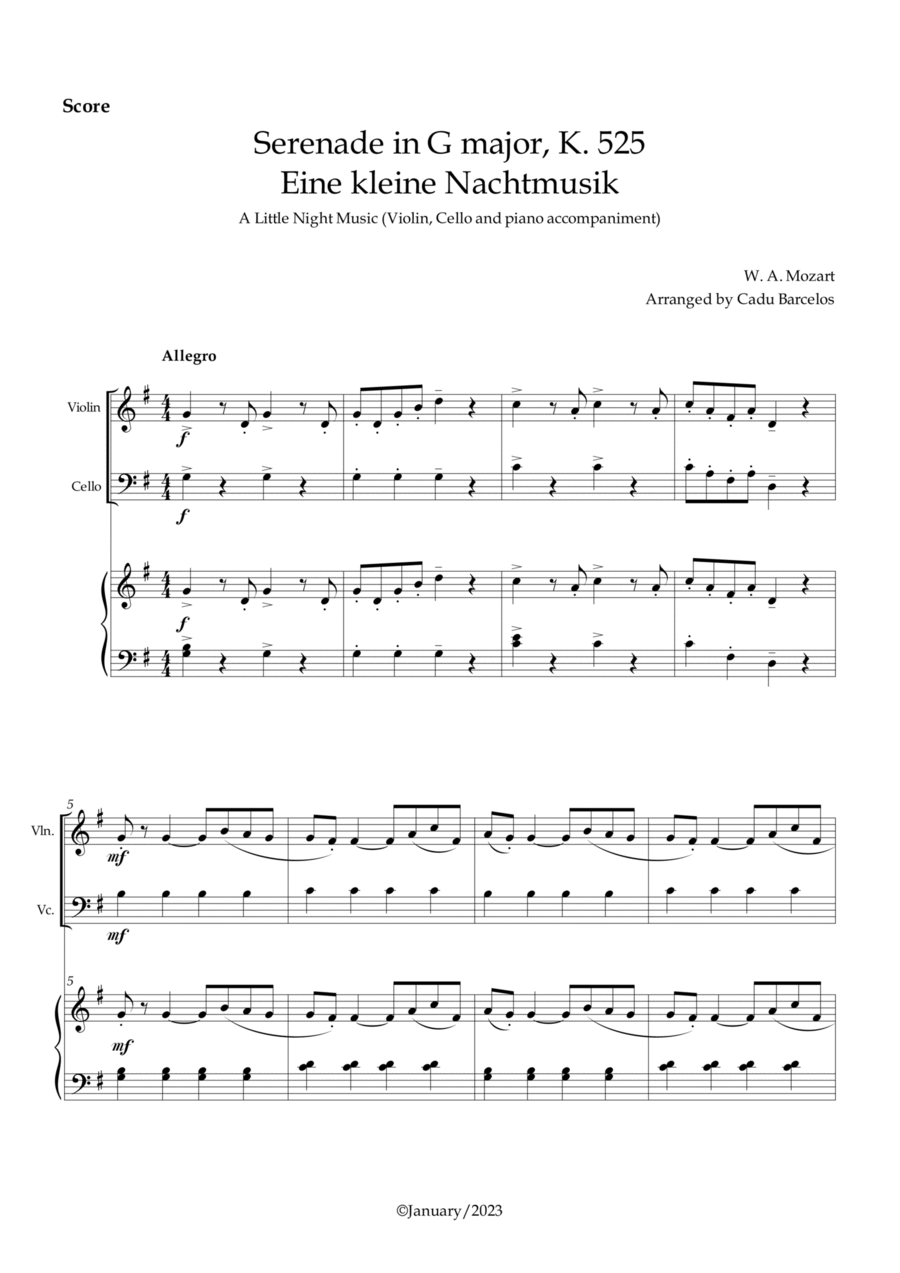 Serenade in G major, K. 525 / Eine kleine Nachtmusik /A Little Night Music - Violin, Cello and piano Piano Trio scores gallery preview page 1