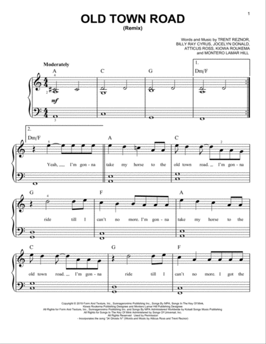 Old Town Road (Remix) Easy Piano scores gallery preview page 1