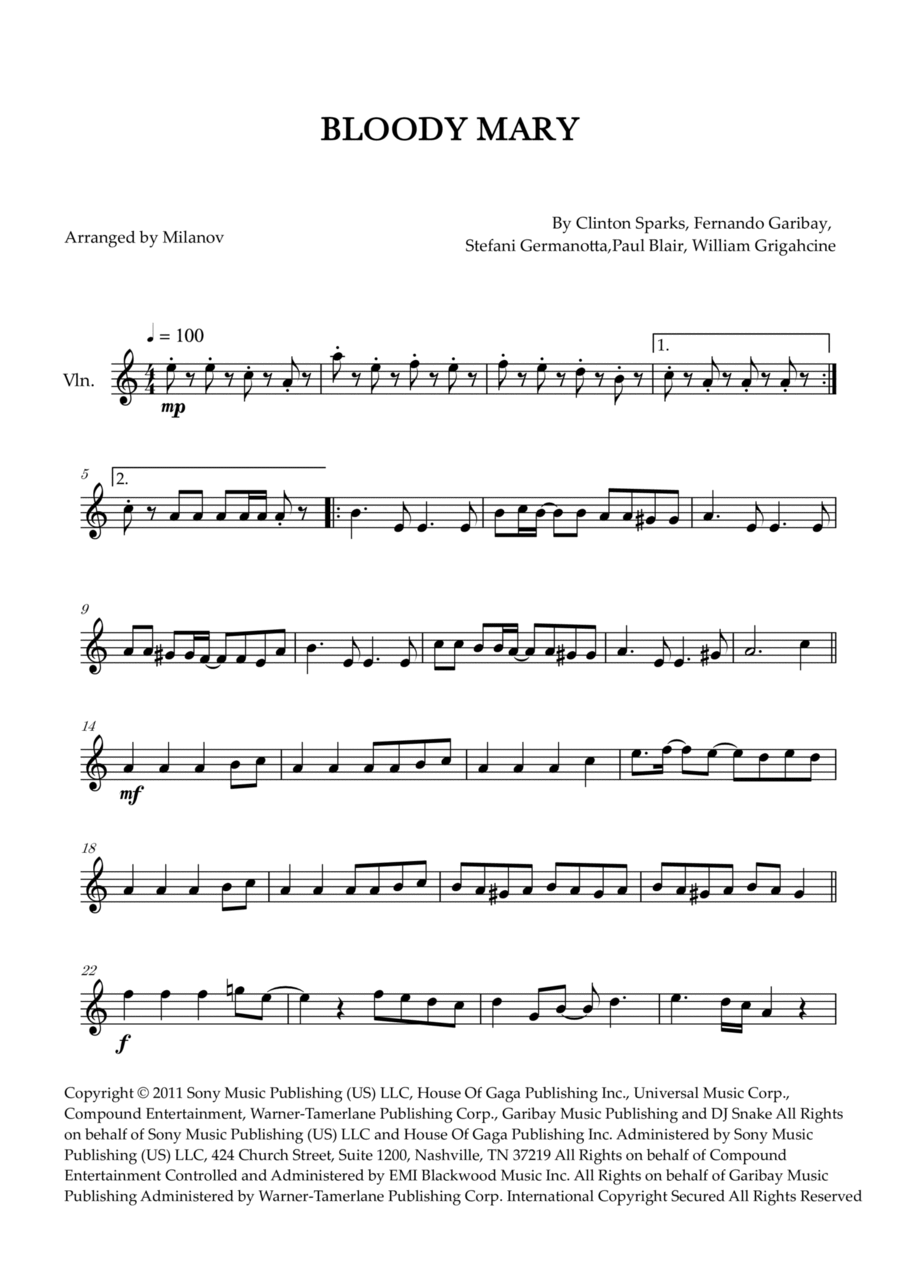 Bloody Mary Bloody Mary Violin Solo scores gallery preview page 1