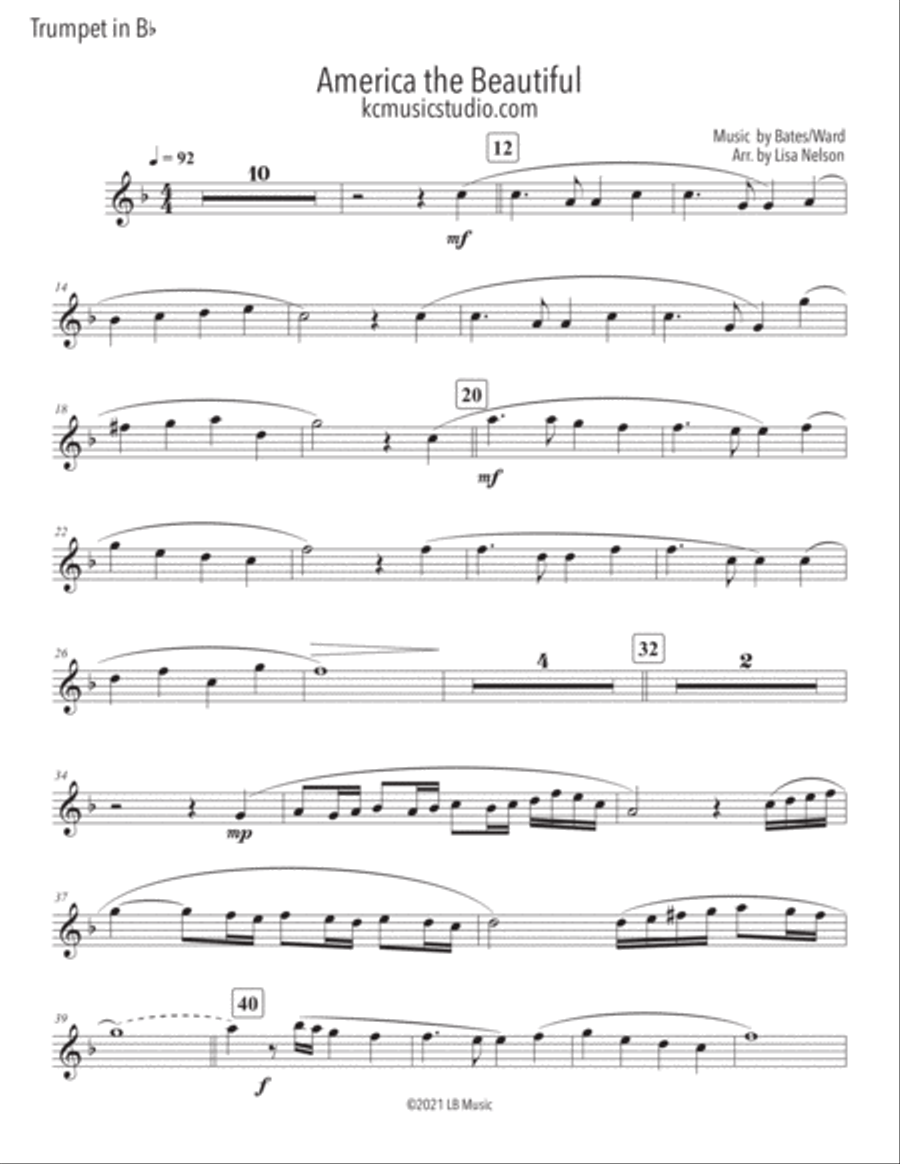 America the Beautiful Trumpet Solo and Organ - Advanced B-Flat Trumpet scores gallery preview page 2