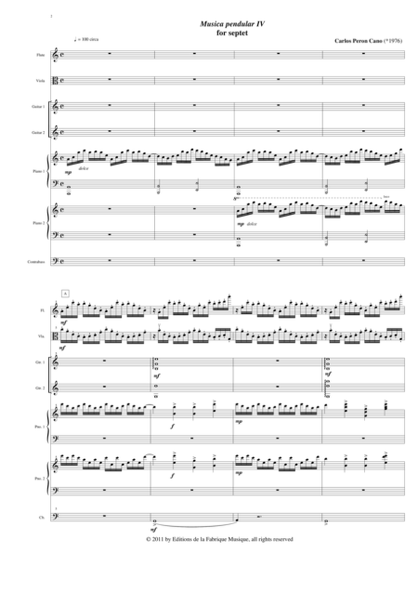 Carlos Perón Cano: Musica pendular IV for flute, viola, two guitars, two pianos and contrabass