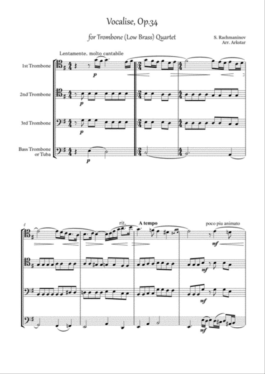 Rachmaninov: Vocalise for Low Brass (Trombone) Quartet Brass Ensemble scores gallery preview page 2