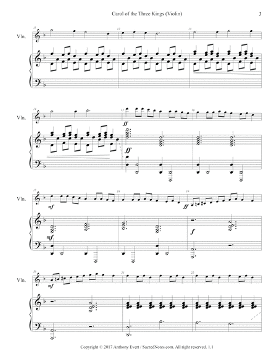 Carol of the Three Kings-Violin & Piano (We Three Kings with Carol of the Bells) Violin Solo scores gallery preview page 3