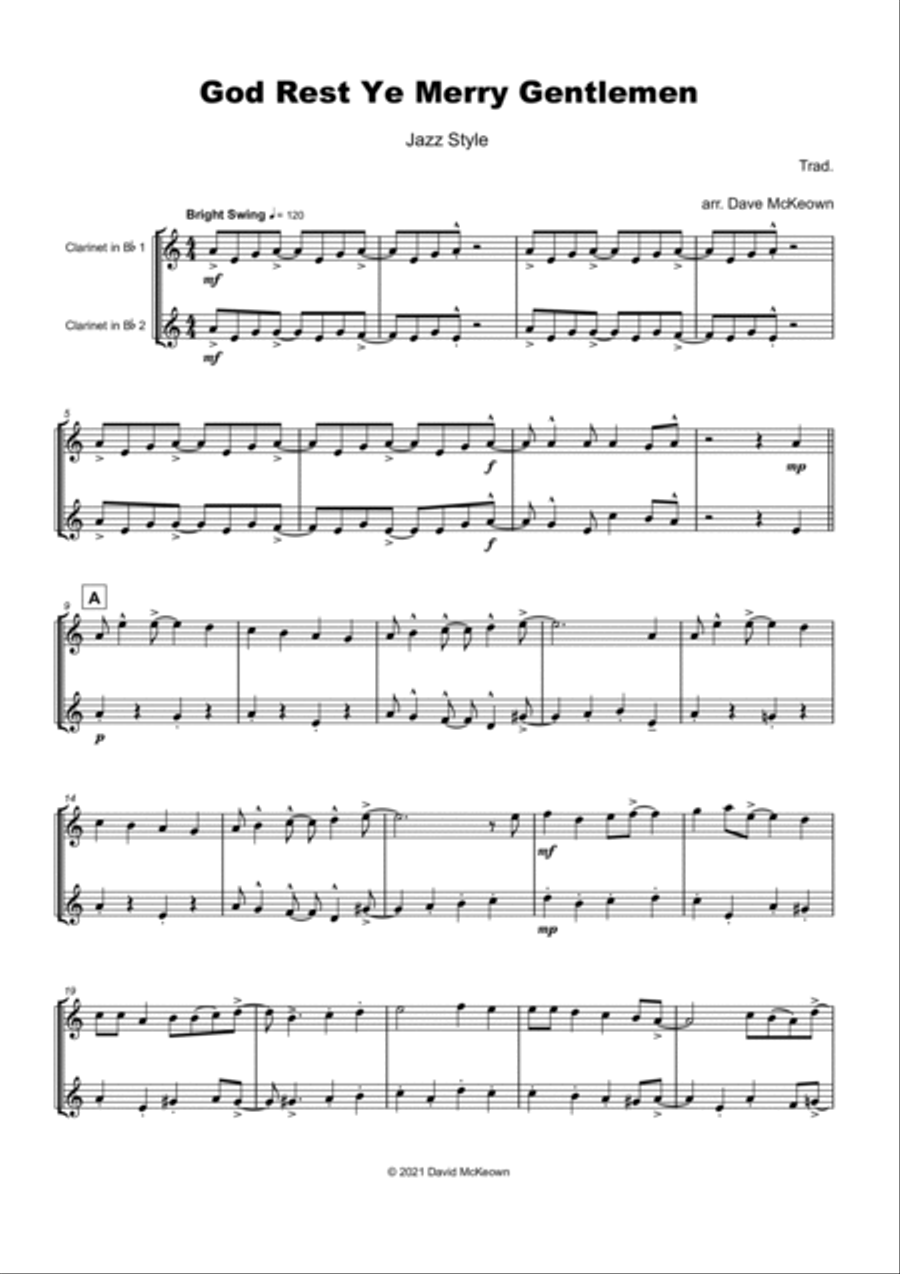 God Rest Ye Merry Gentlemen, Jazz Style, for Clarinet Duet