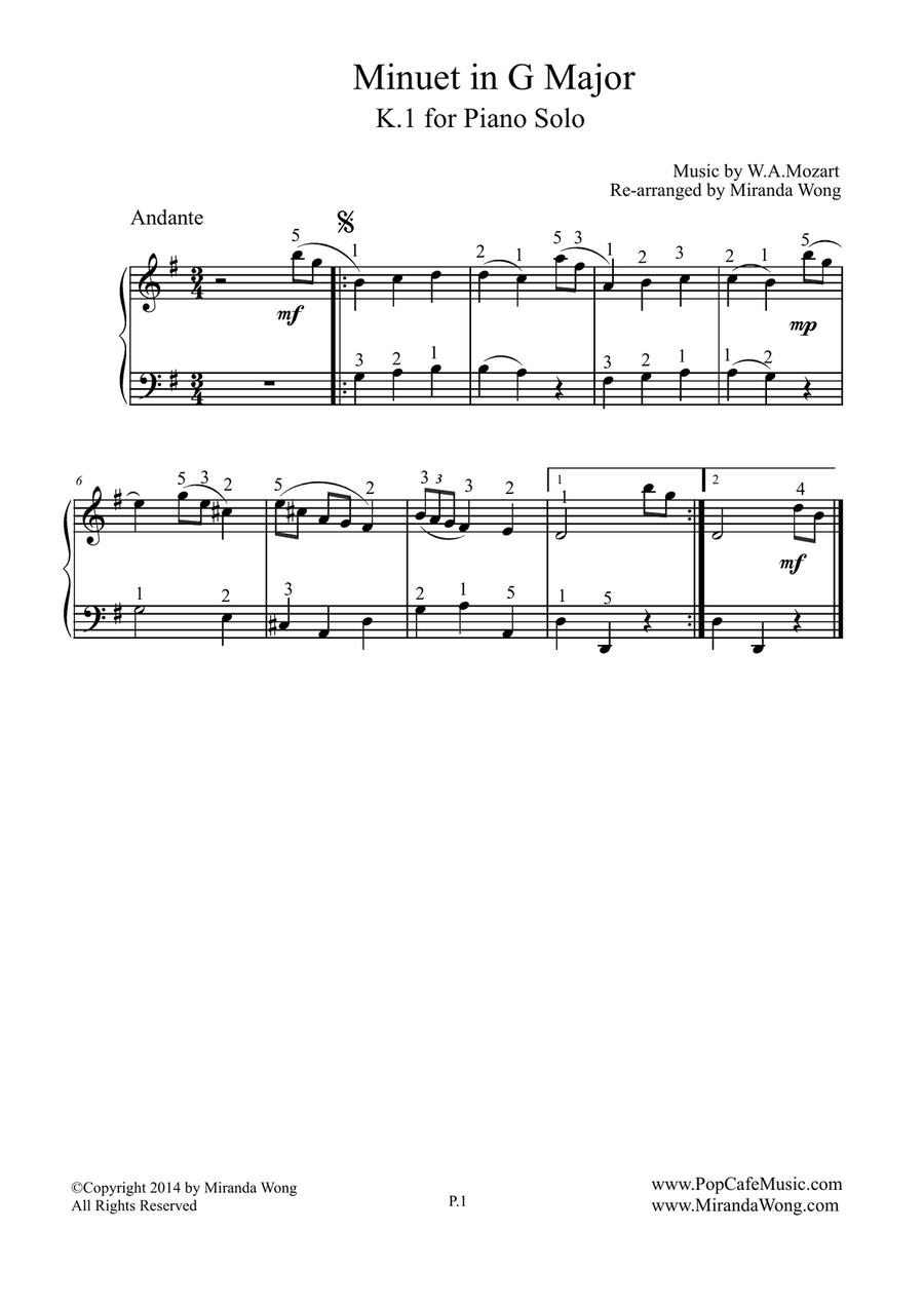 Minuet in G Major K.1 - Piano Solo (With Fingerings) Easy Piano scores gallery preview page 1