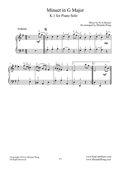 Minuet in G Major K.1 - Piano Solo (With Fingerings) image number null