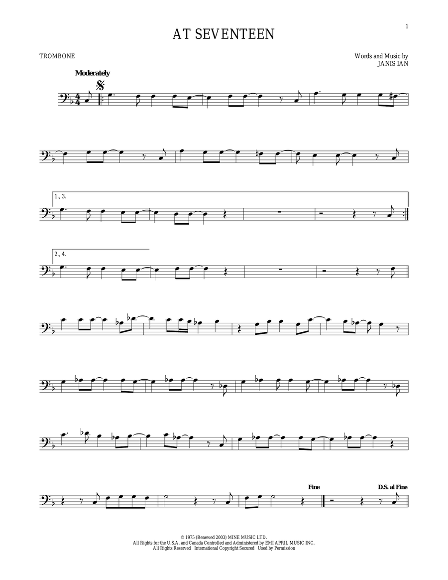 At Seventeen Trombone Solo scores gallery preview page 1