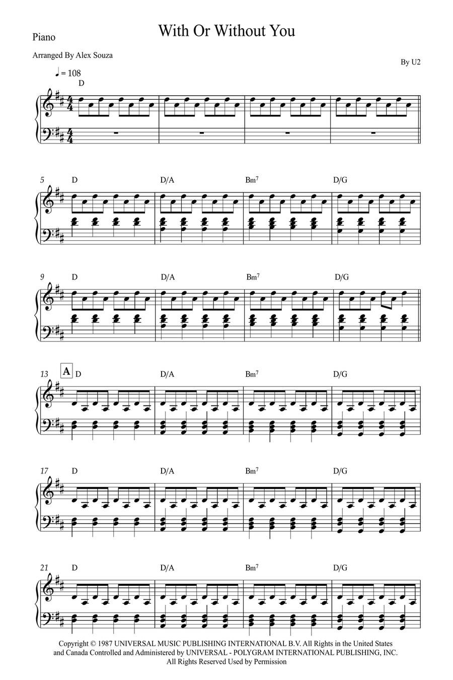 With Or Without You With Or Without You Easy Piano scores gallery preview page 1
