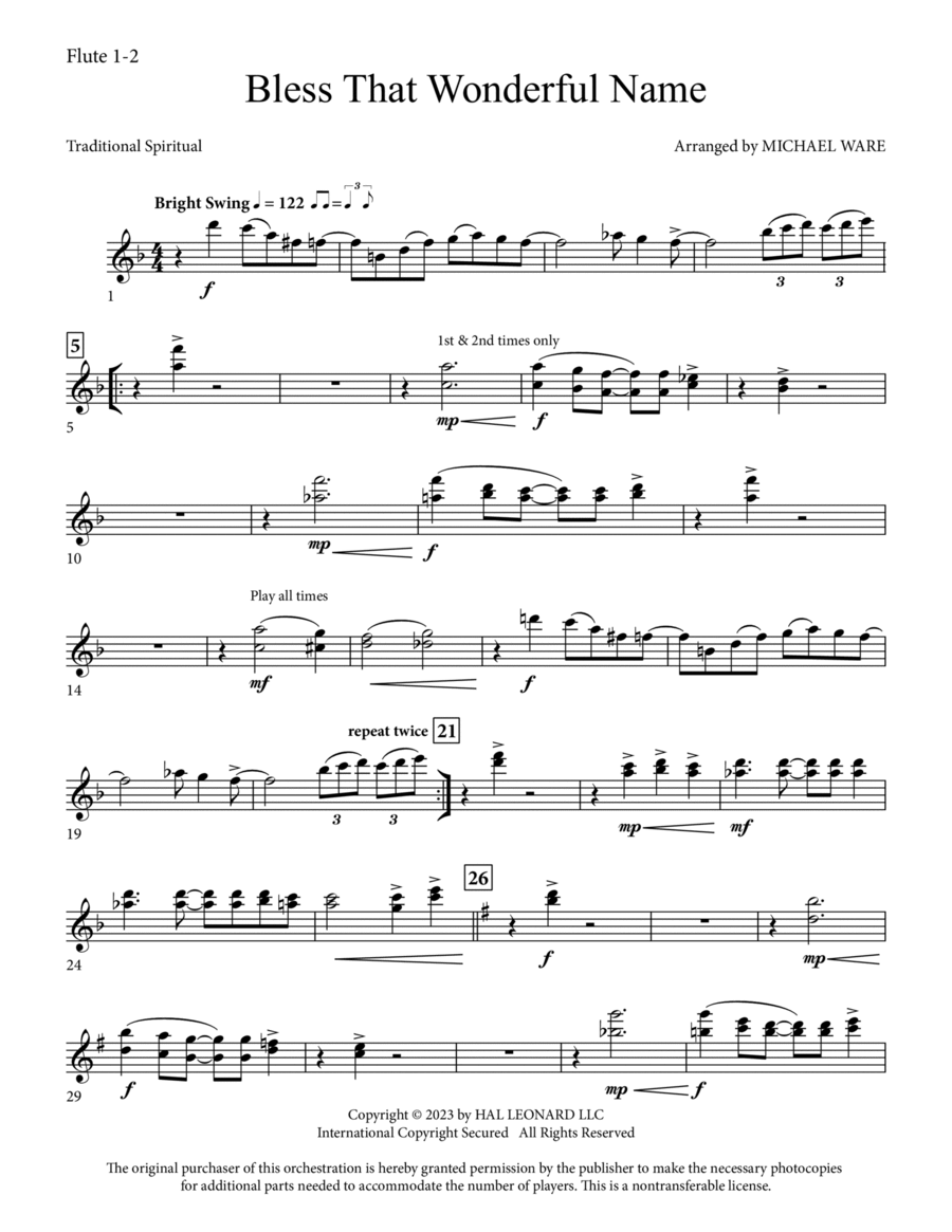 Bless That Wonderful Name (arr. Michael Ware) - Flute 1 & 2