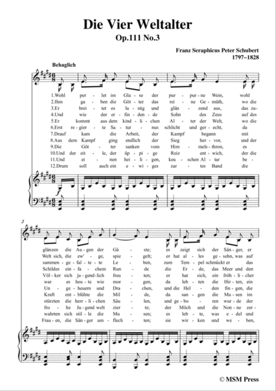Schubert-Die Vier Weltalter,Op.111 No.3,in E Major,for Voice&Piano Voice scores gallery preview page 3
