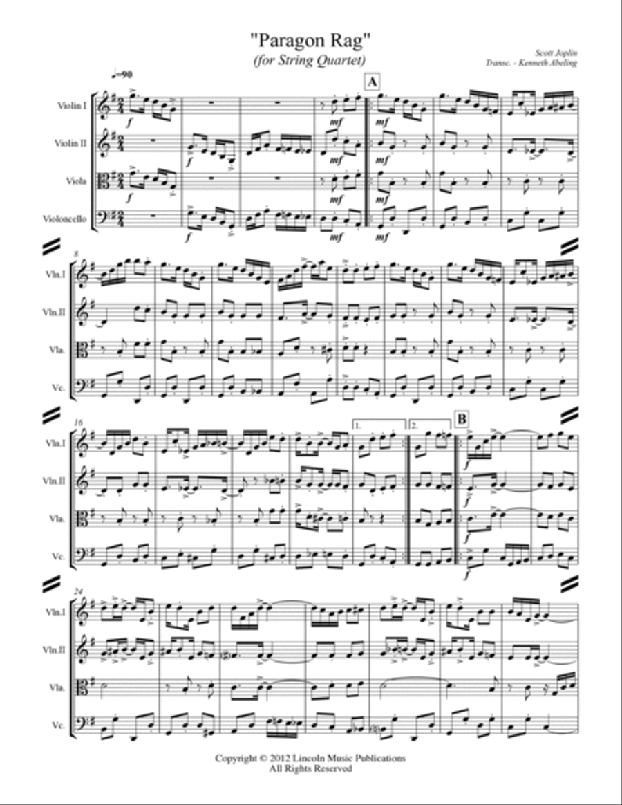 Joplin - “Paragon Rag” (for String Quartet) String Quartet scores gallery preview page 2