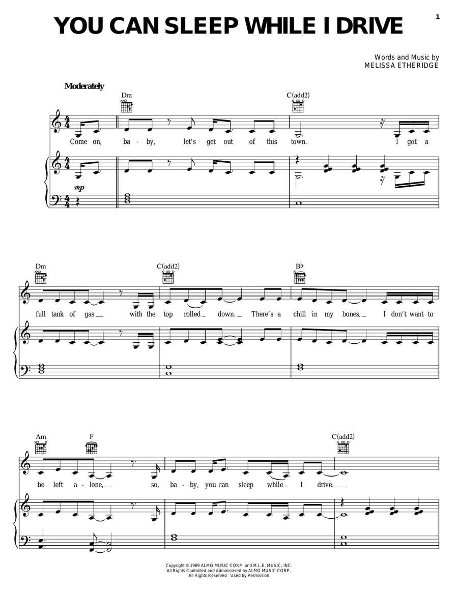 You Can Sleep While I Drive Piano, Vocal, Guitar scores gallery preview page 1