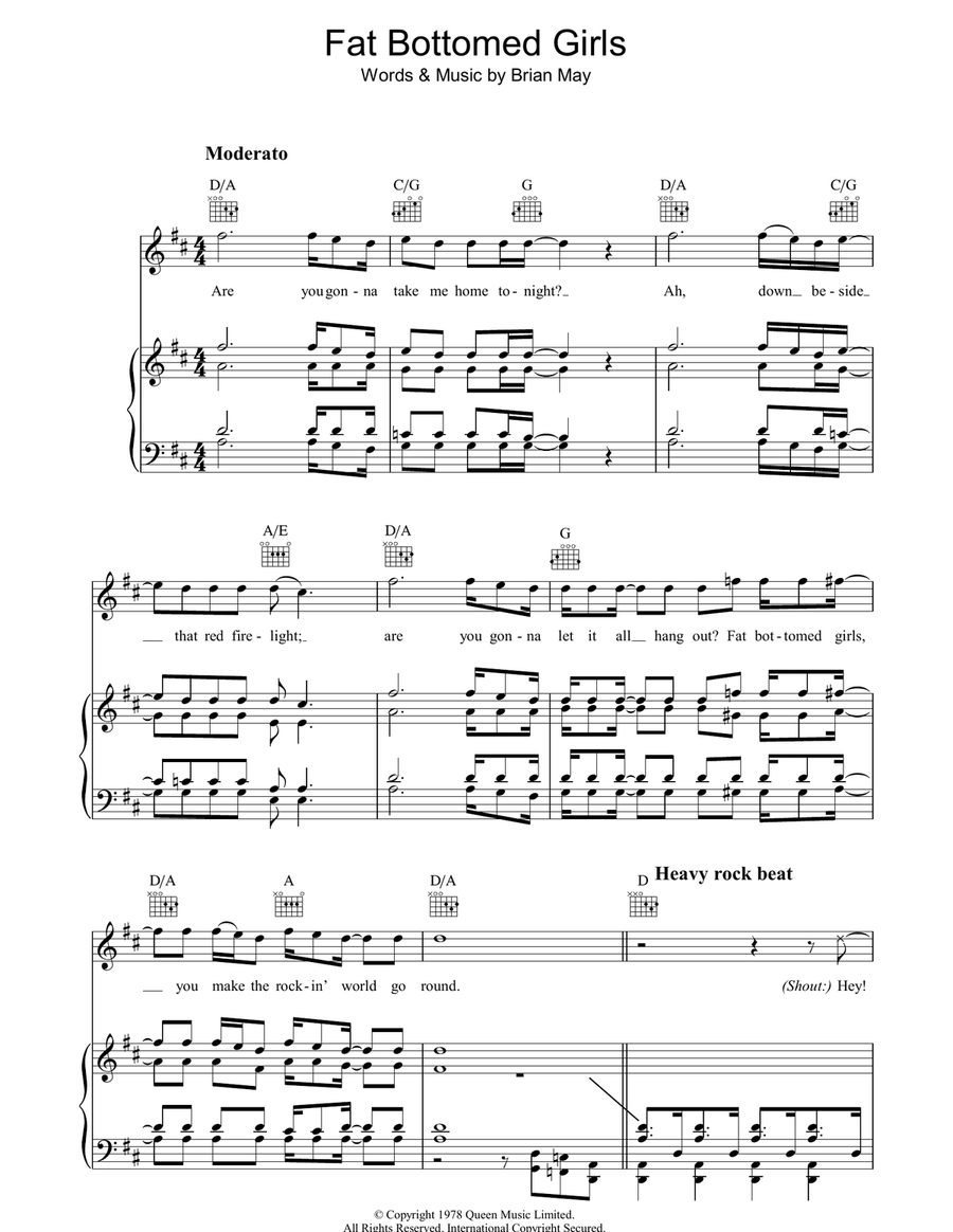 Fat Bottomed Girls Fat Bottomed Girls Piano, Vocal, Guitar scores gallery preview page 1
