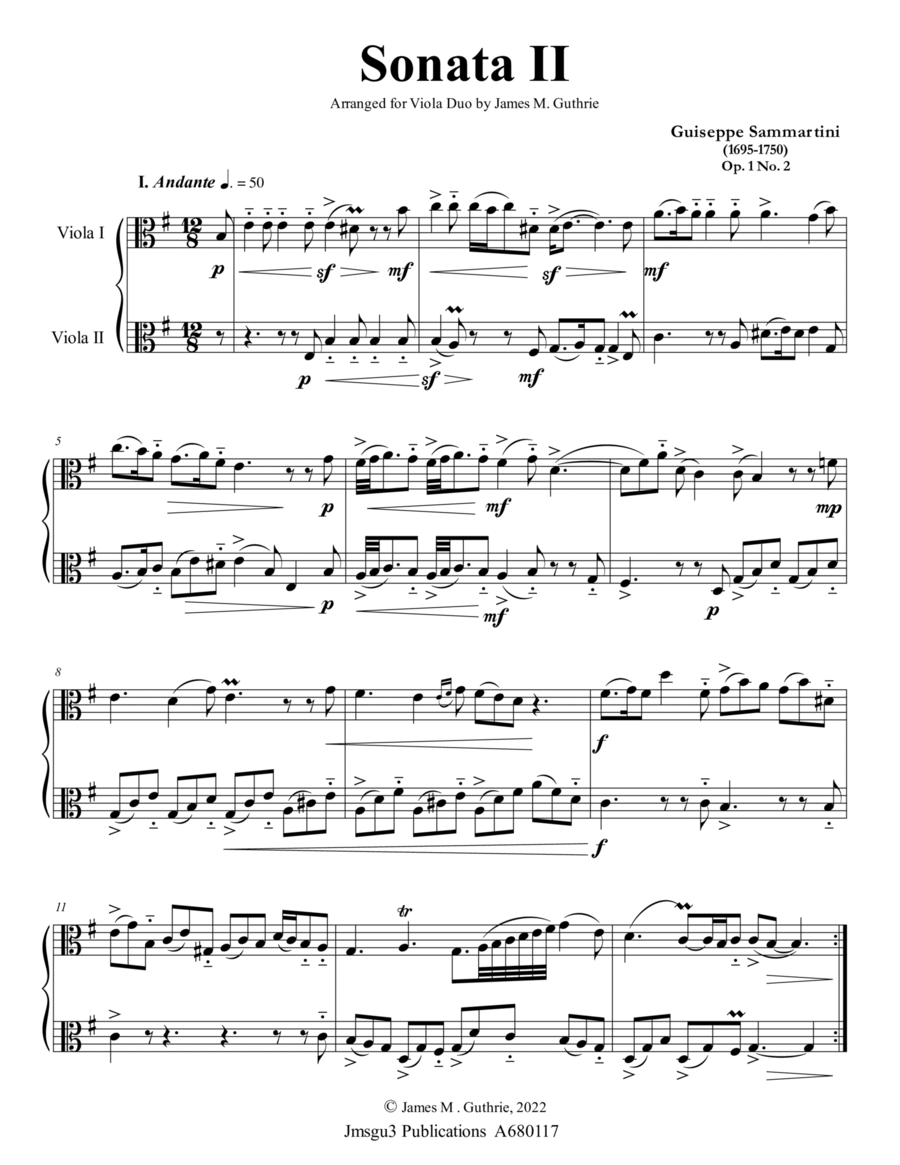 Sammartini: Sonata Op. 1 No. 2 for Viola Duo image number null