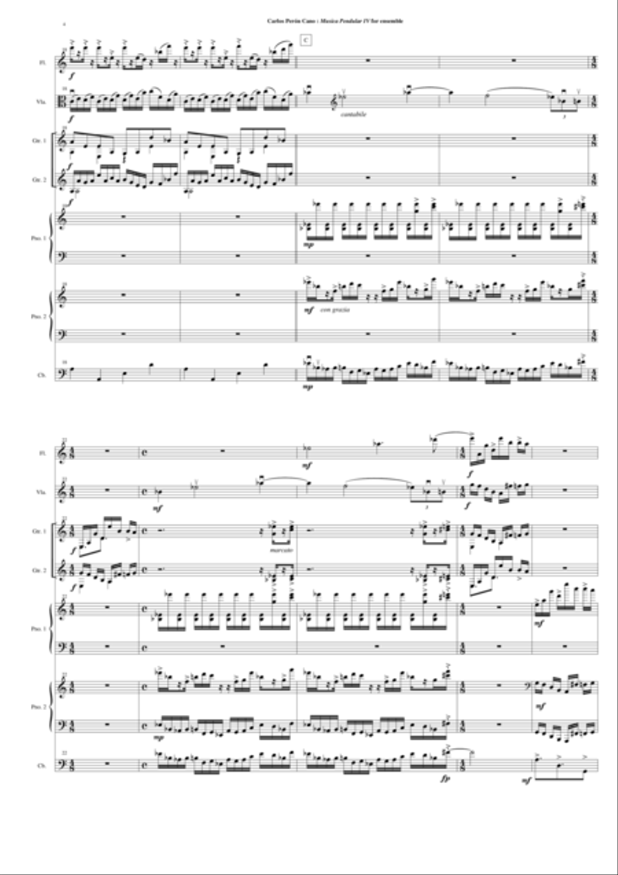 Carlos Perón Cano: Musica pendular IV for flute, viola, two guitars, two pianos and contrabass Small Ensemble scores gallery preview page 4