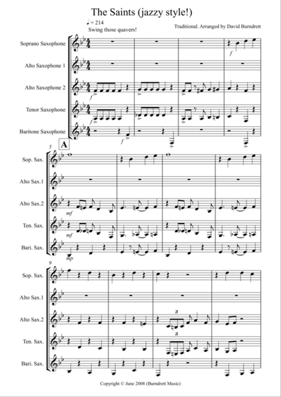 The Saints (jazzy style!) for Saxophone Quintet Saxophone Quintet scores gallery preview page 1