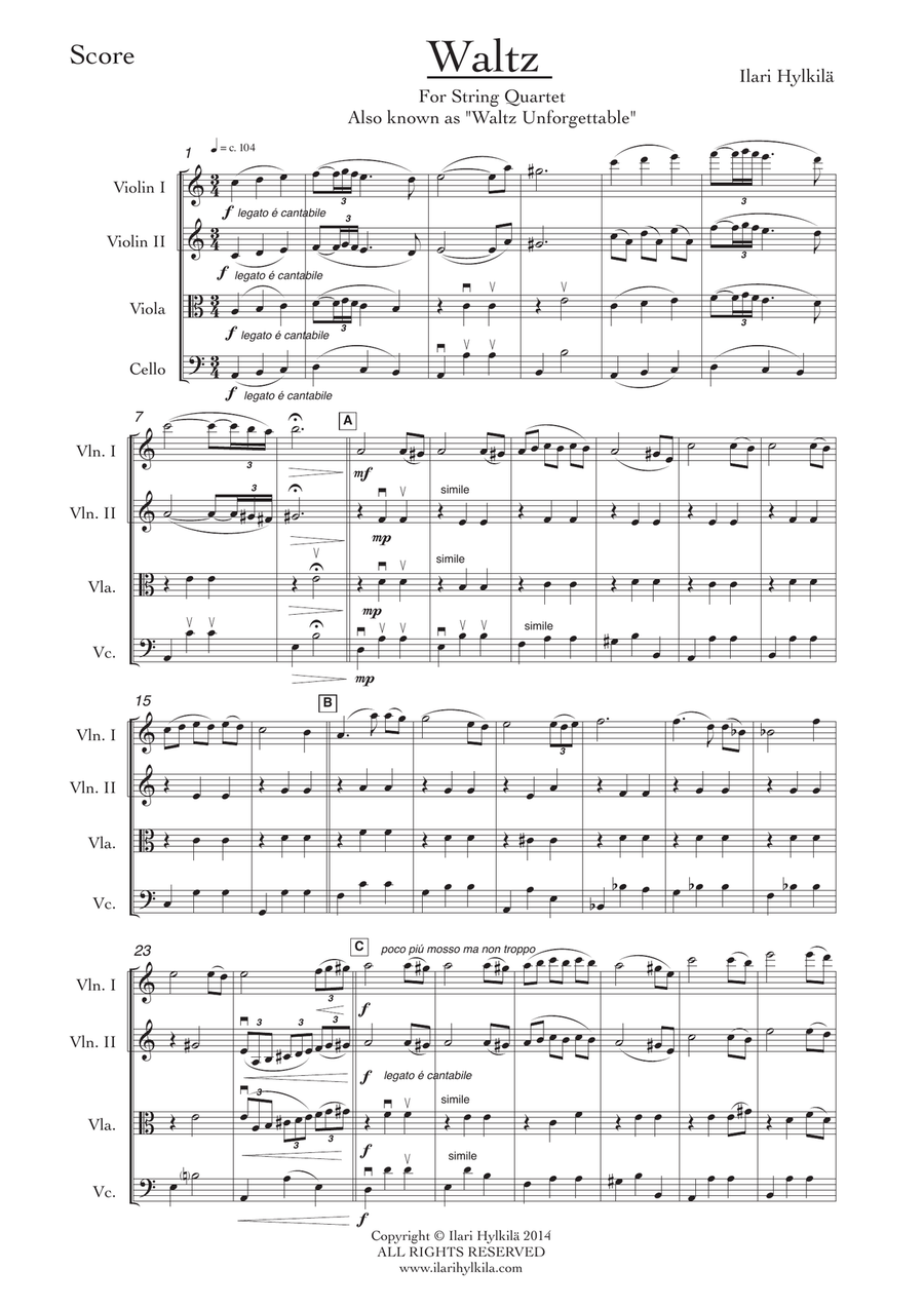 Waltz Unforgettable - for String Quartet String Quartet scores gallery preview page 1