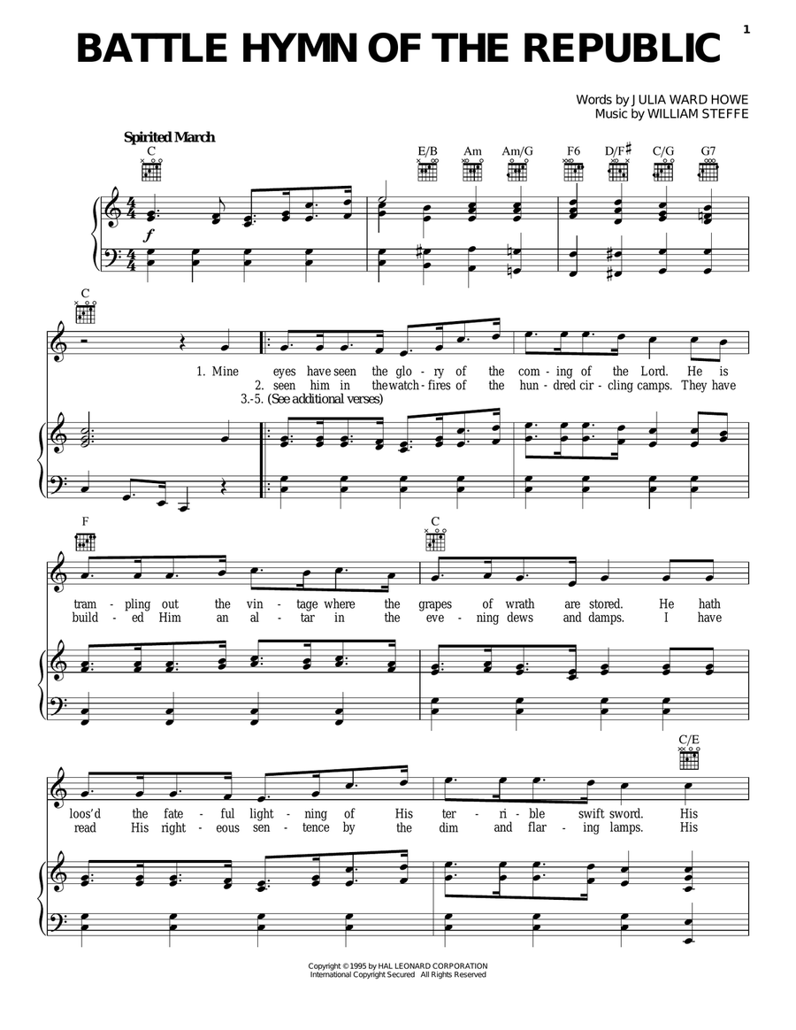 Battle Hymn Of The Republic Piano, Vocal, Guitar scores gallery preview page 1