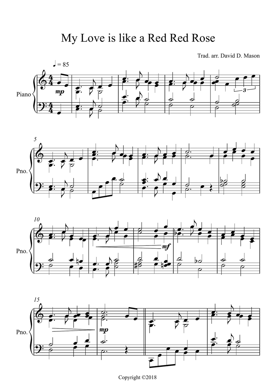 My love is like a Red Red rose Easy Piano scores gallery preview page 2
