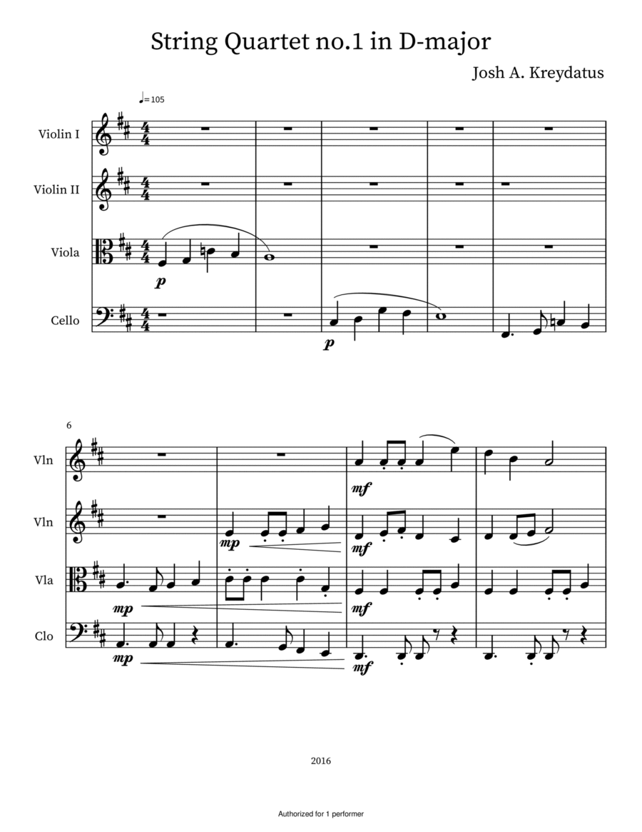 String Quartet no.1 in D-major String Quartet scores gallery preview page 1