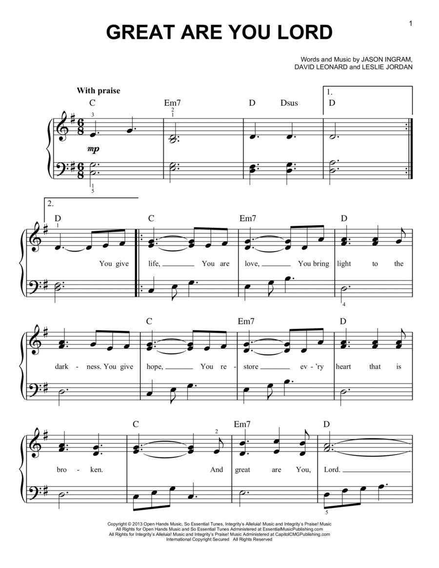 Great Are You Lord Easy Piano scores gallery preview page 1