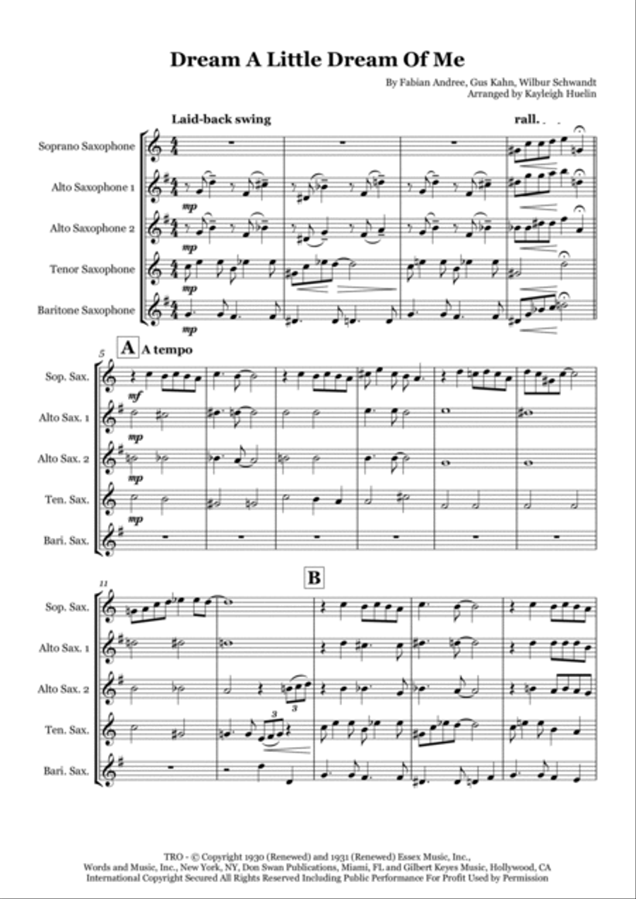 Dream A Little Dream Of Me Saxophone Quintet scores gallery preview page 1