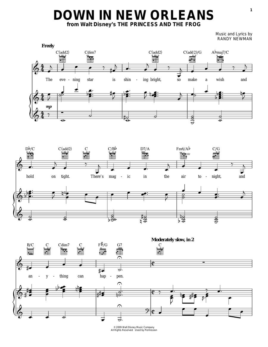 Down In New Orleans (from The Princess and the Frog) Piano, Vocal, Guitar scores gallery preview page 1