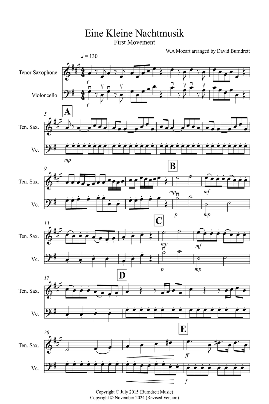 Eine Kleine Nachtmusik (1st Movement) for Tenor Saxophone and Cello Duet Tenor Saxophone scores gallery preview page 1