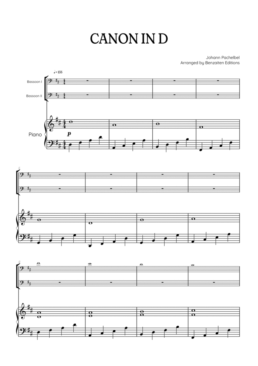 Pachelbel Canon in D • bassoon duet sheet music w/ piano accompaniment image number null