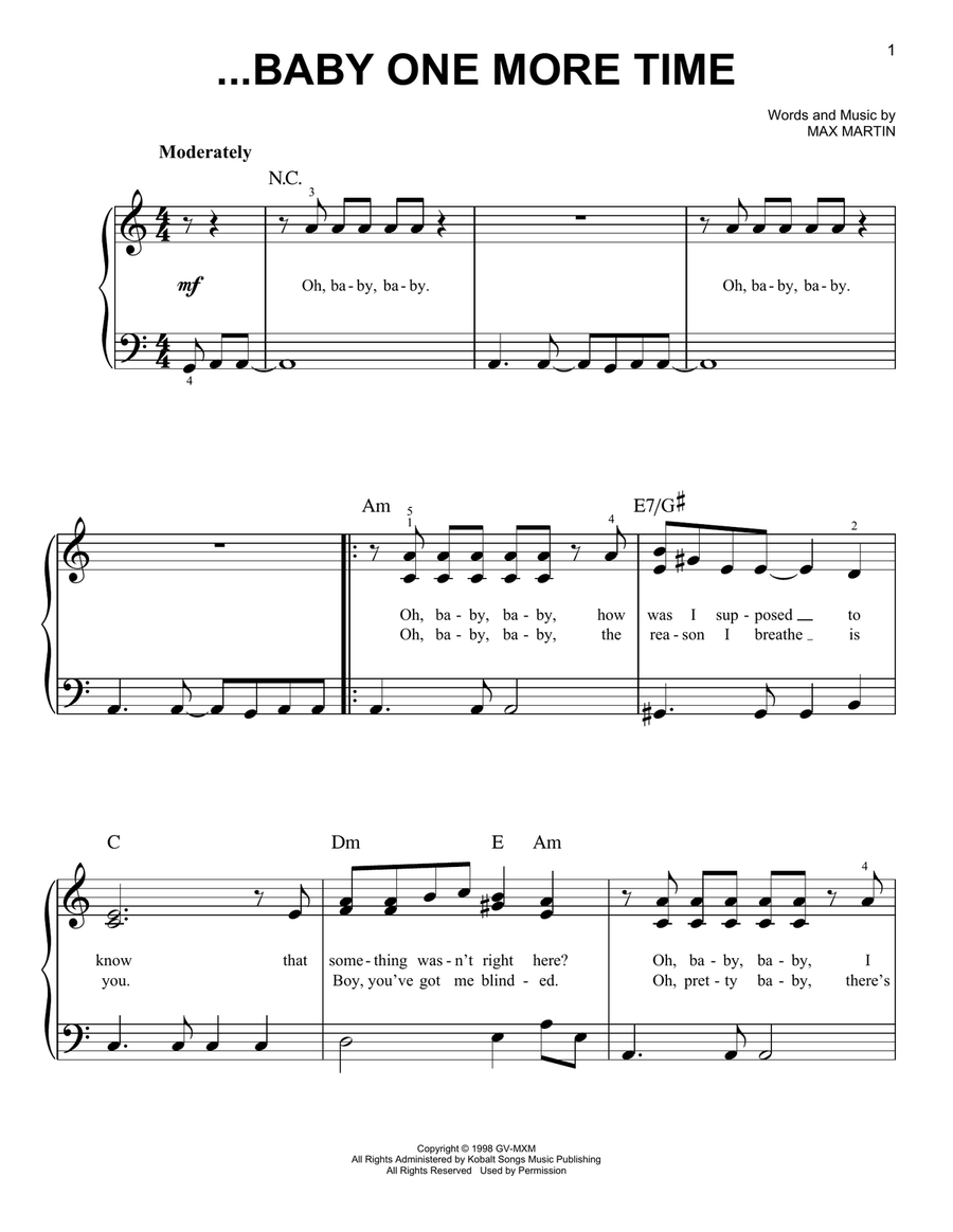 ...Baby One More Time Easy Piano scores gallery preview page 1