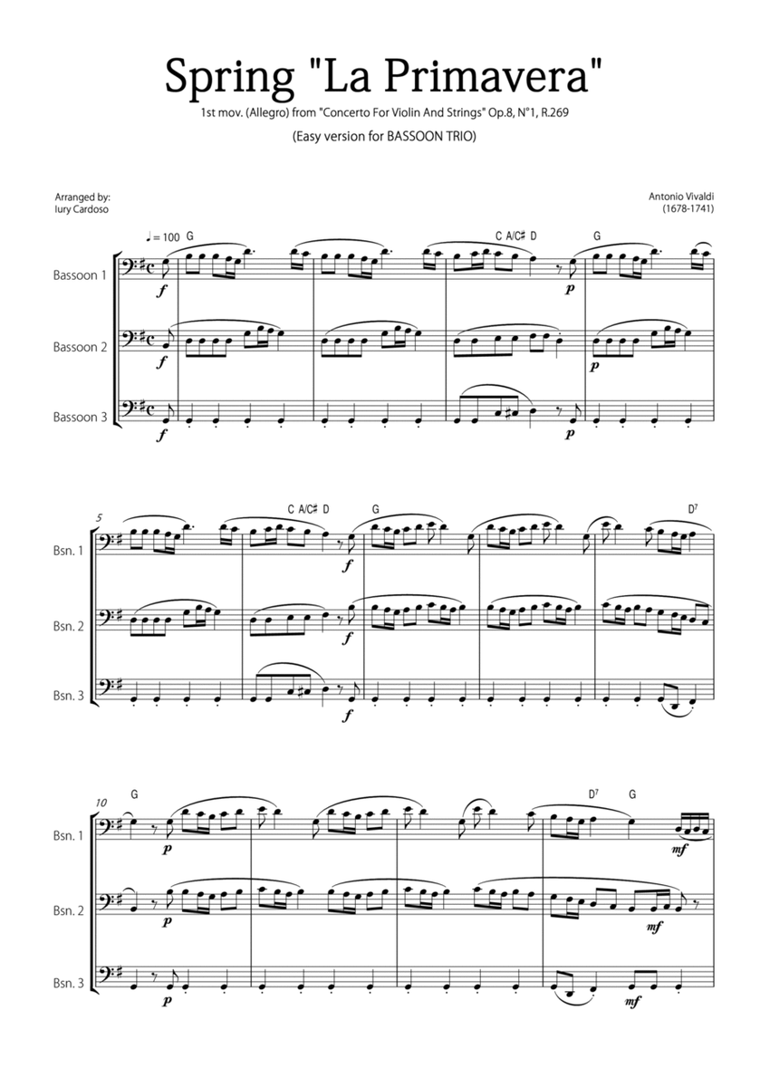 "Spring" (La Primavera) by Vivaldi - Easy version for BASSOON TRIO image number null