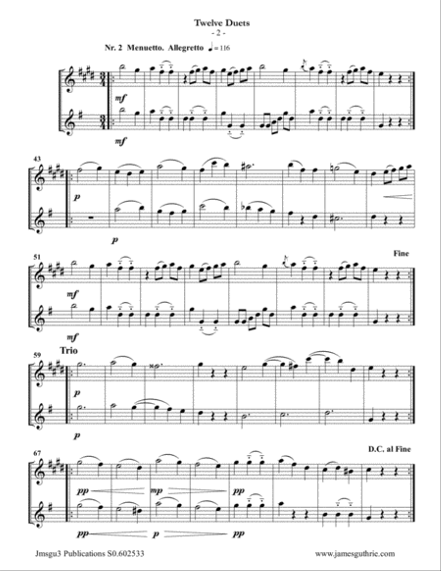 Mozart: 12 Duets K. 487 for Clarinet & Alto Flute Woodwind Duet scores gallery preview page 2