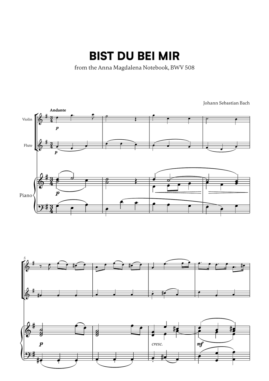 Johann Sebastian Bach - Bist du bei Mir (BWV 508) (G major) (for Violin and Flute)