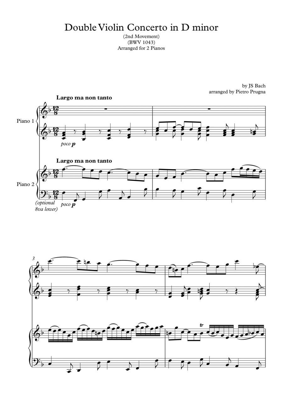 Double Violin Concerto in D minor (BWV 1043) - 2nd Movt - arranged for 2 pianos Violin Solo scores gallery preview page 1