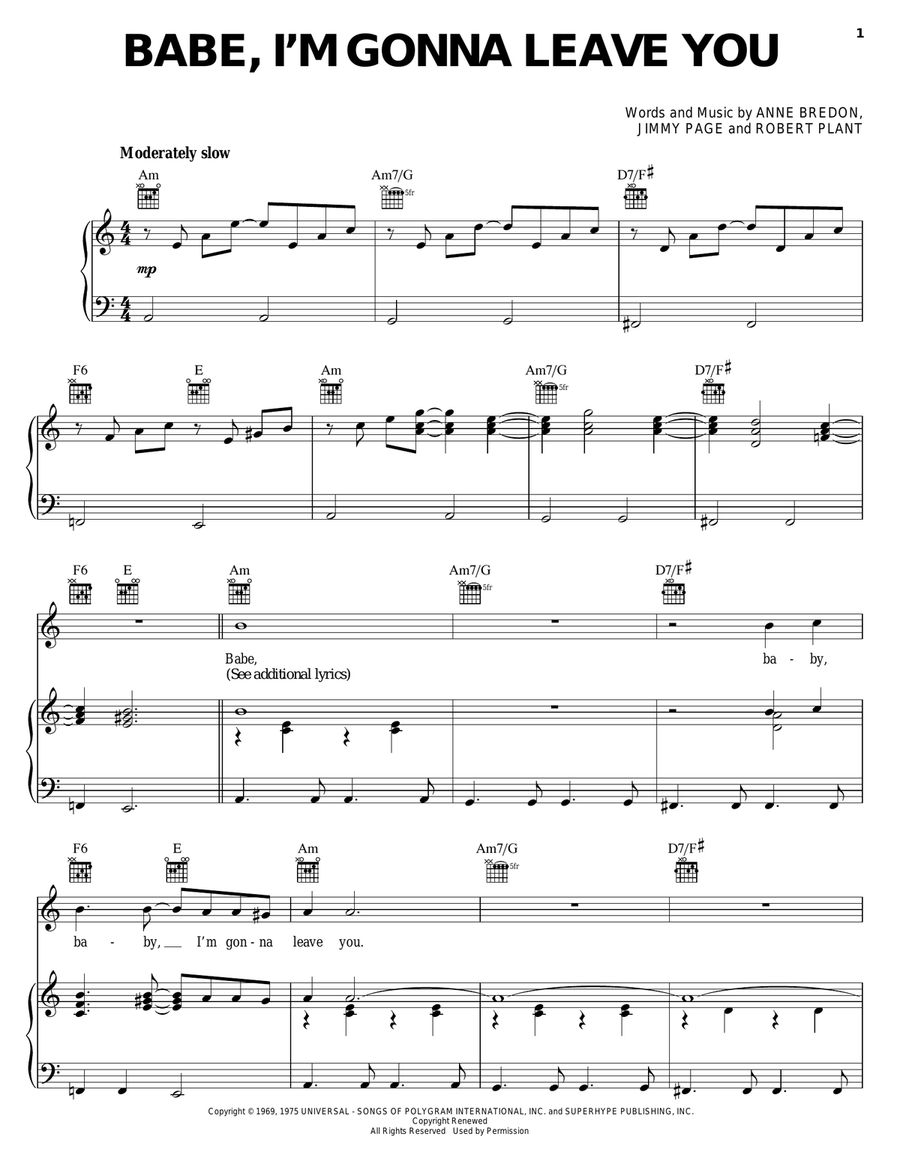 Babe, I'm Gonna Leave You Piano, Vocal, Guitar scores gallery preview page 1