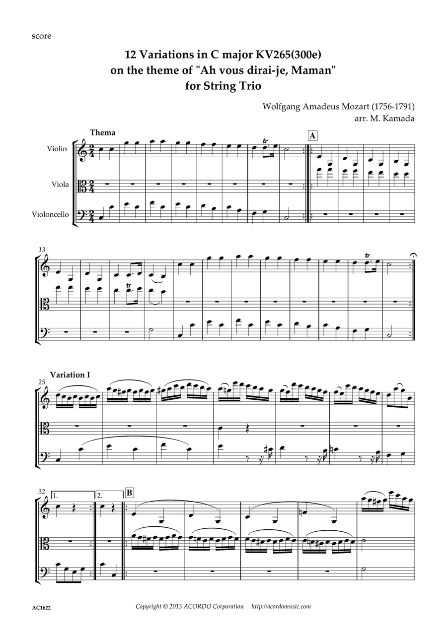 12 Variations in C major KV265(300e) on the theme of "Ah vous dirai-je, Maman" for String Trio image number null