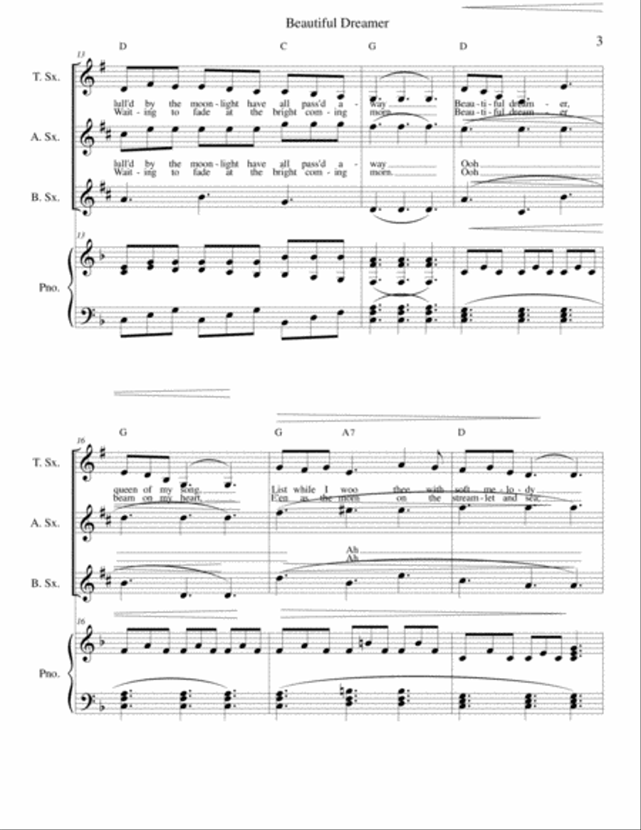 Beautiful Dreamer Key of F Alto, Tenor & Baritone Saxophone Trio Small Ensemble scores gallery preview page 3