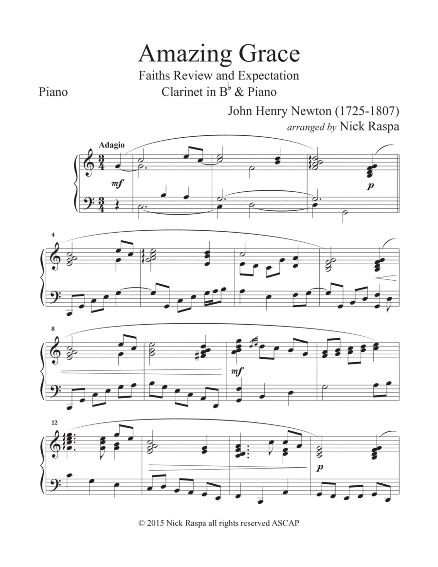 Amazing Grace (piano and clarinet in B Flat) - Piano part