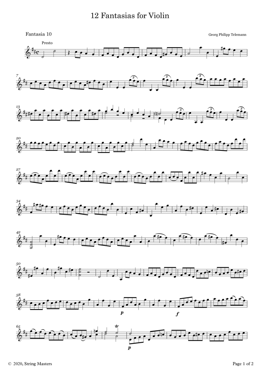 Telemann 12 Fantasias for Solo Violin, No 10 Violin Solo scores gallery preview page 1