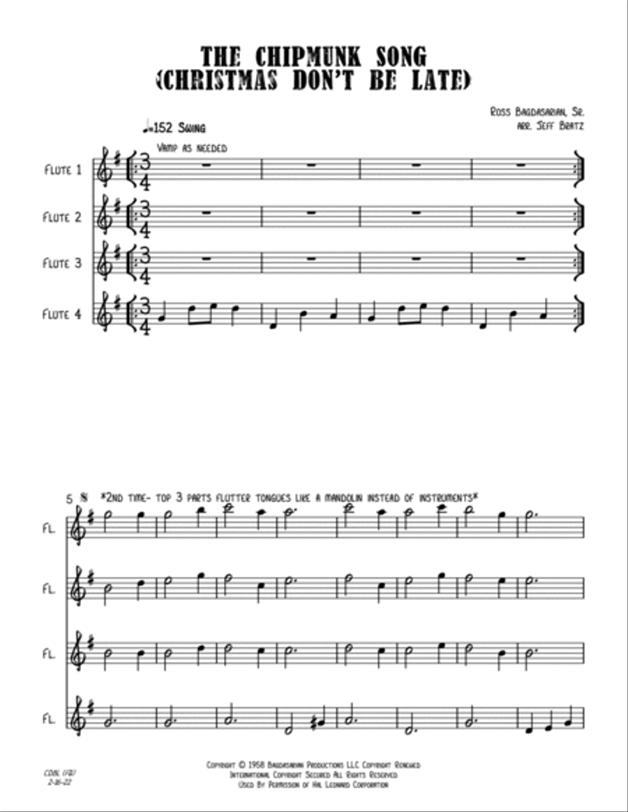 The Chipmunk Song Flute Quartet scores gallery preview page 2