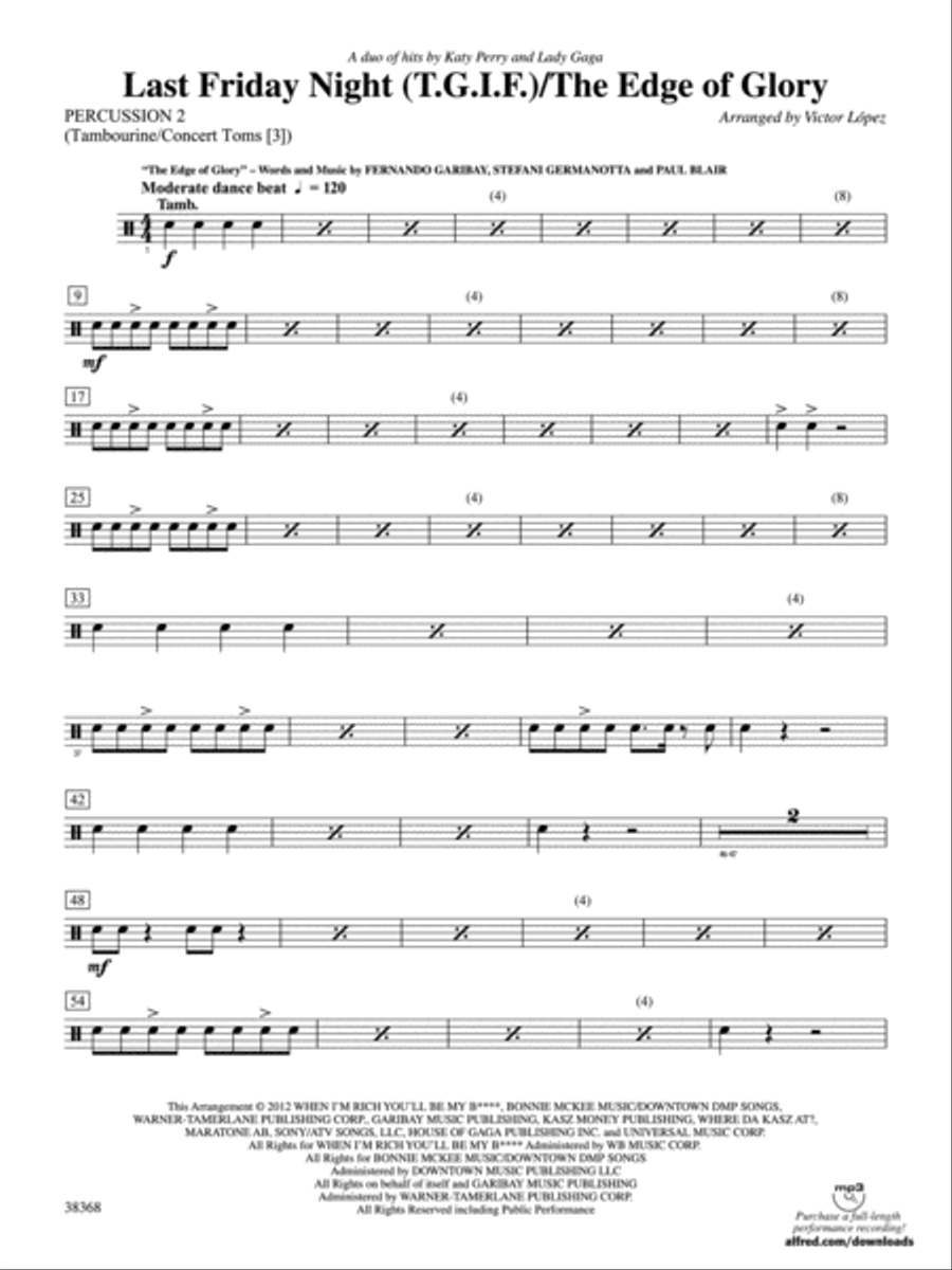 Last Friday Night (T.G.I.F) / The Edge of Glory: 2nd Percussion Concert Band scores gallery preview page 1