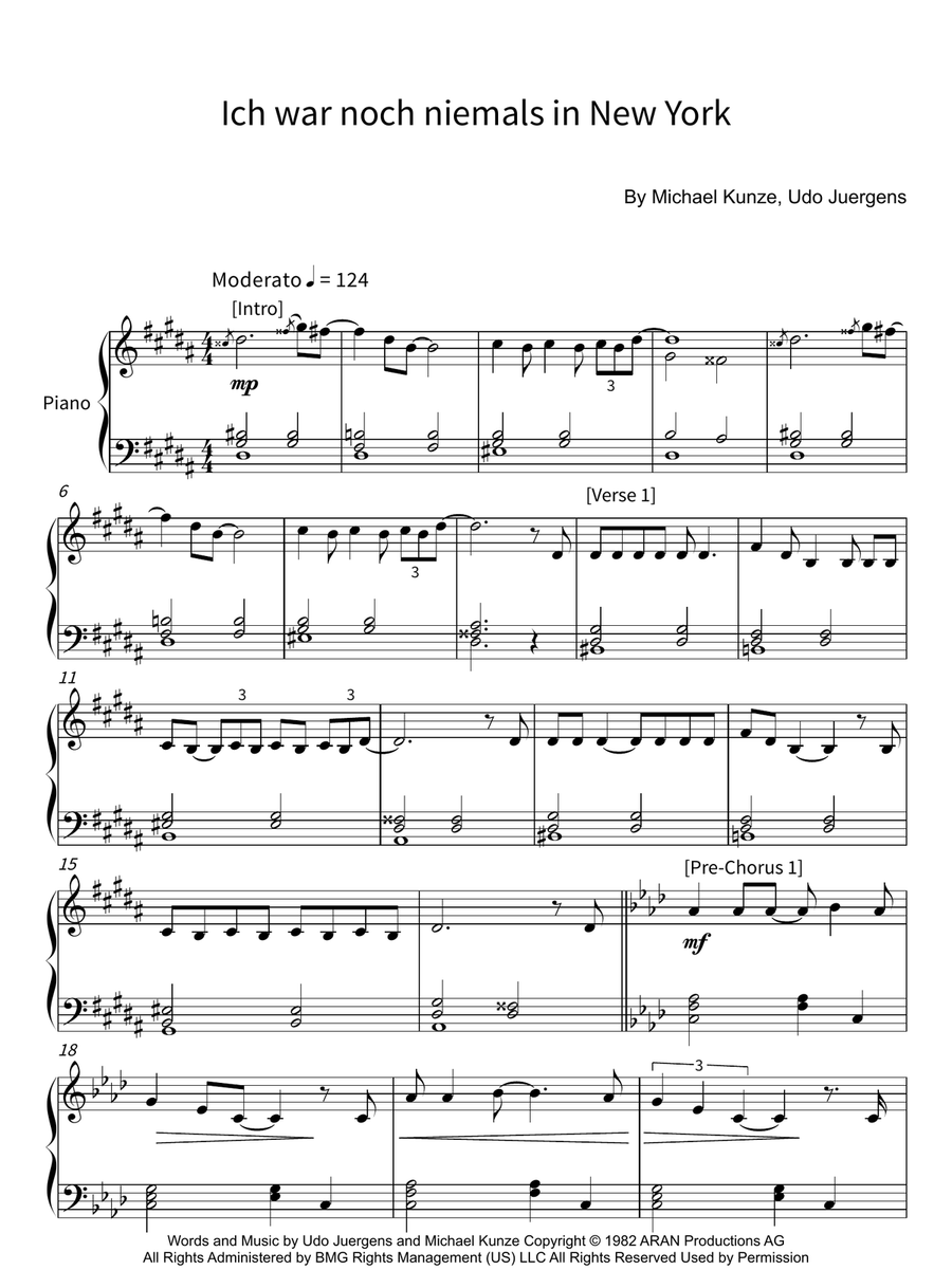 Ich War Noch Niemals In New York Piano Solo scores gallery preview page 1