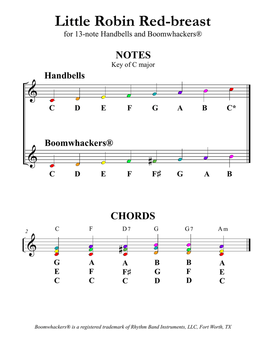 Little Robin Red-breast (for 13-note Bells and Boomwhackers with Color Coded Notes) Handbell Choir scores gallery preview page 3
