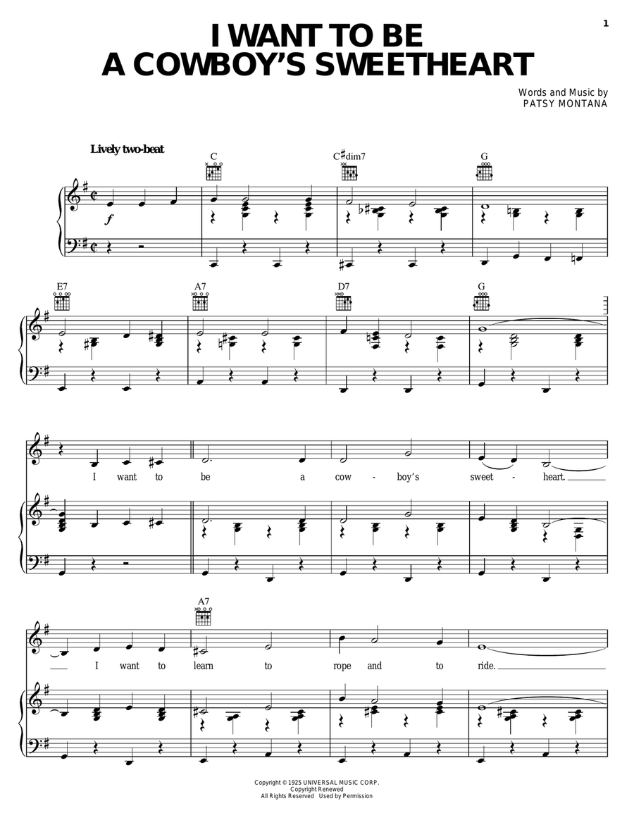 I Want To Be A Cowboy's Sweetheart Piano, Vocal, Guitar scores gallery preview page 1