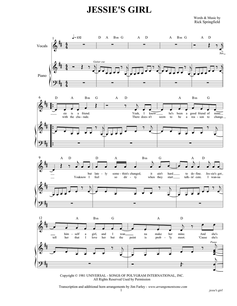 Jessie's Girl Piano, Vocal, Guitar scores gallery preview page 3