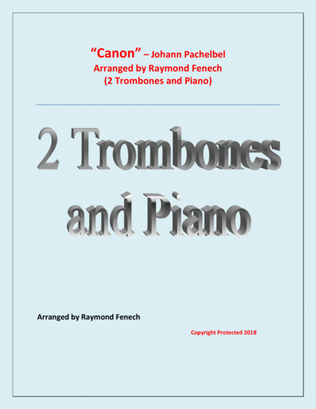 Book cover for Canon - Johann Pachebel - 2 Trombones and Piano - Intermediate/Advanced Intermediate level