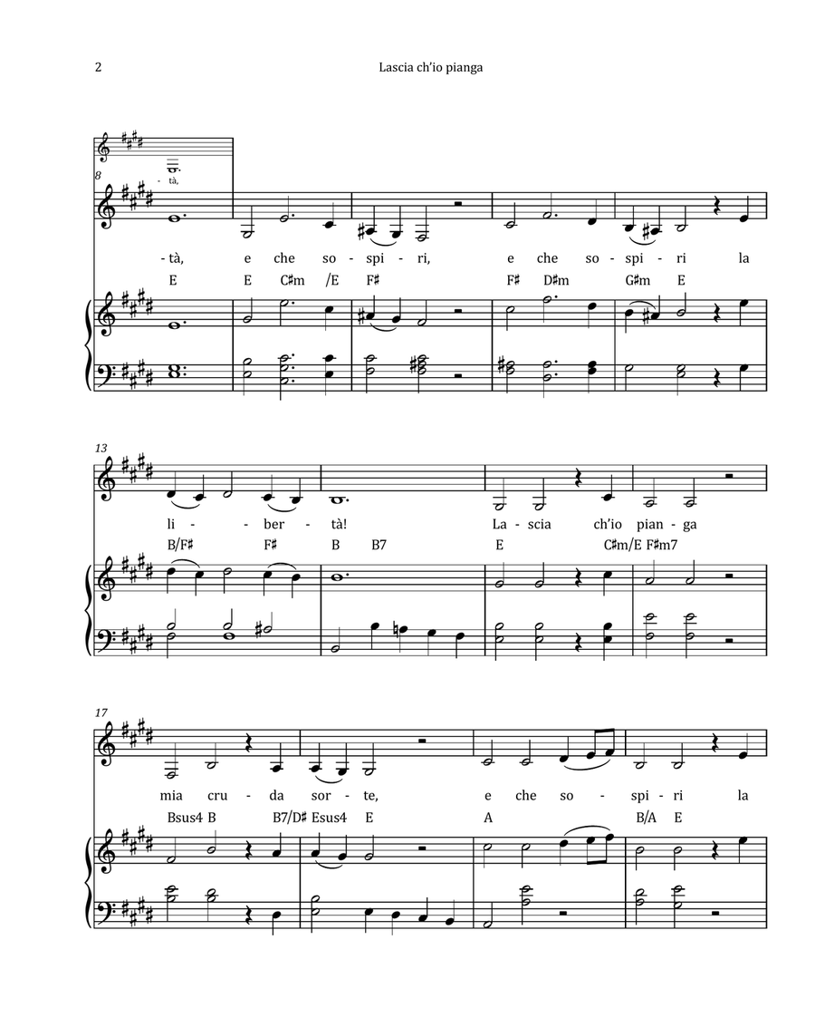 Lascia Ch'io Pianga by Händel - Contralto & Piano in E Major with Chord Notation Chamber Music scores gallery preview page 2