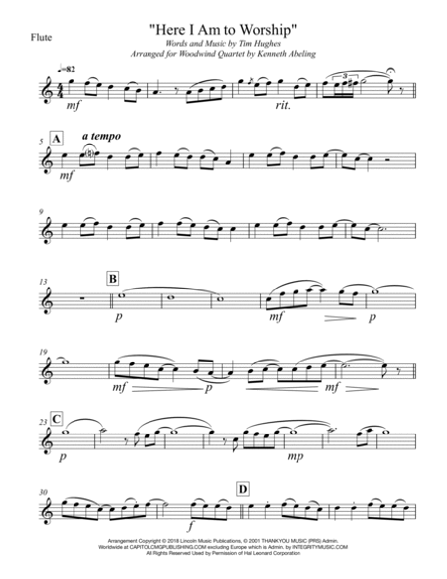 Here I Am To Worship Woodwind Quartet scores gallery preview page 6